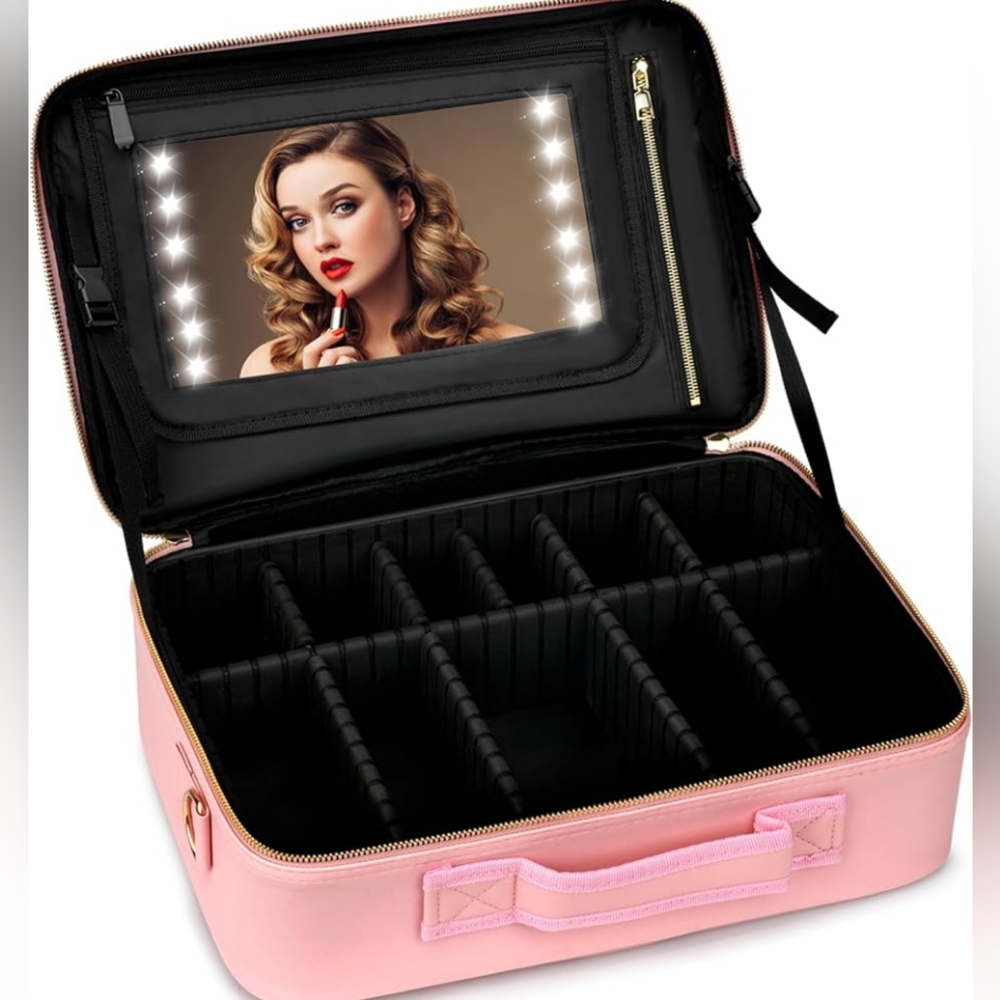 Huge Capacity Travel Makeup Bag with Lighted Mirror, Upgrade Large Makeup Case